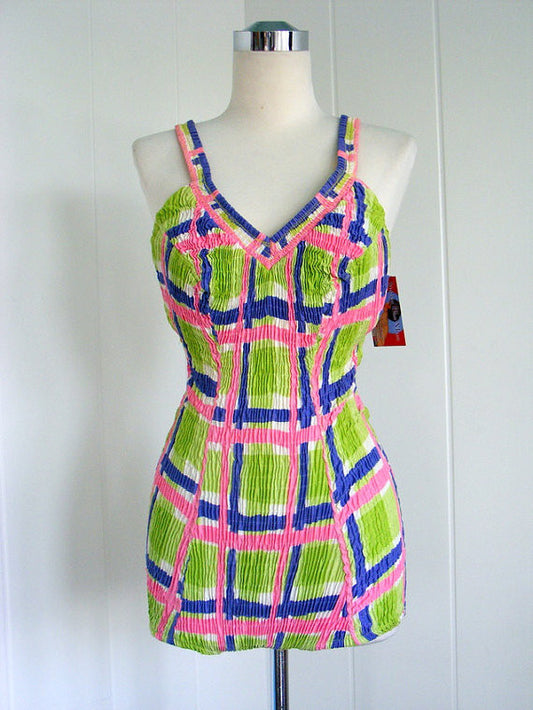 l950's 1960's Bright Green, Pink and Blue Plaid Swimsuit Bathing Suit with Low Back