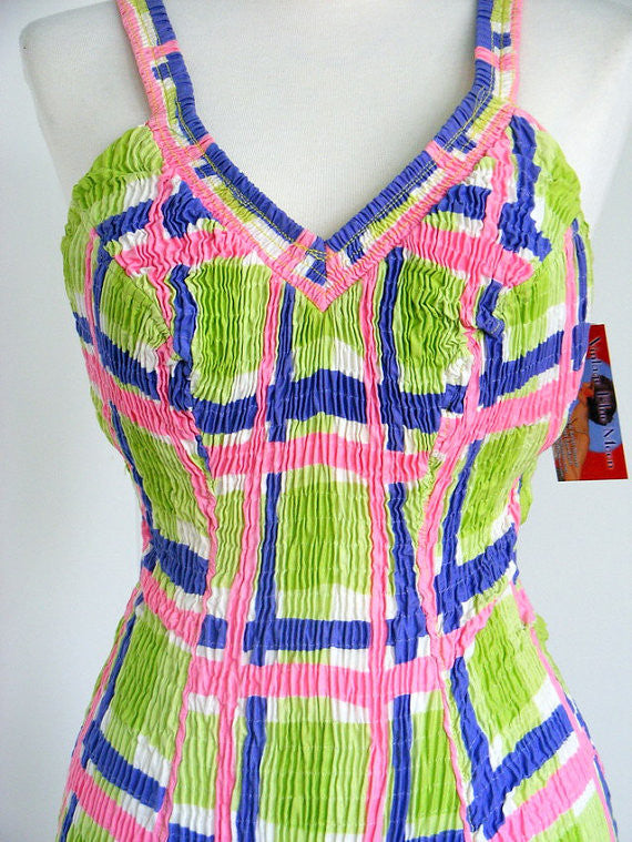 l950's 1960's Bright Green, Pink and Blue Plaid Swimsuit Bathing Suit with Low Back