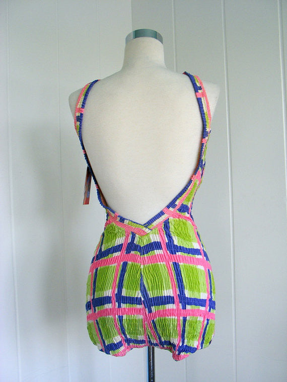 l950's 1960's Bright Green, Pink and Blue Plaid Swimsuit Bathing Suit with Low Back