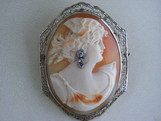 SOLD! Antique 1800's Vintage Large 14k White Gold Cameo Diamonds Habille Filigree Brooch Pin