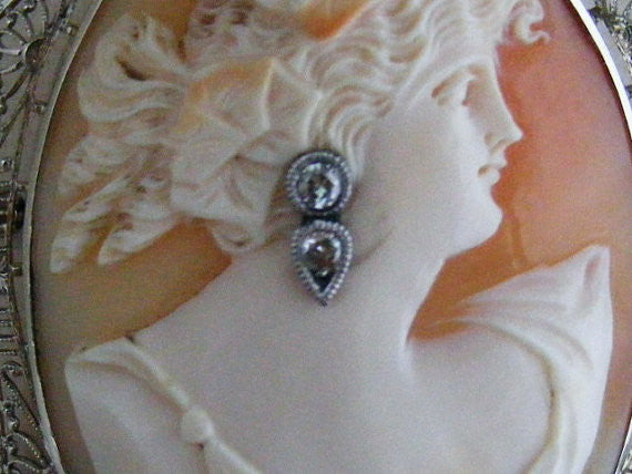 SOLD! Antique 1800's Vintage Large 14k White Gold Cameo Diamonds Habille Filigree Brooch Pin