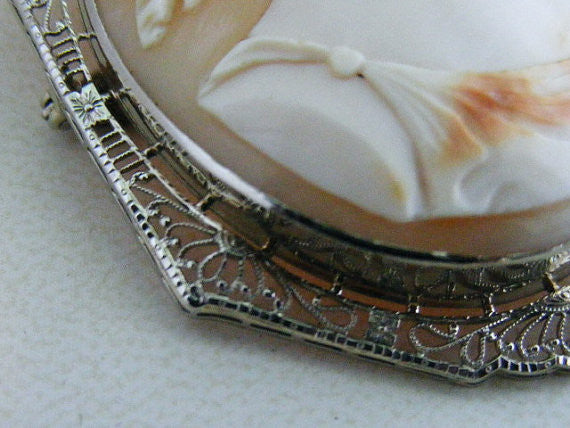 SOLD! Antique 1800's Vintage Large 14k White Gold Cameo Diamonds Habille Filigree Brooch Pin