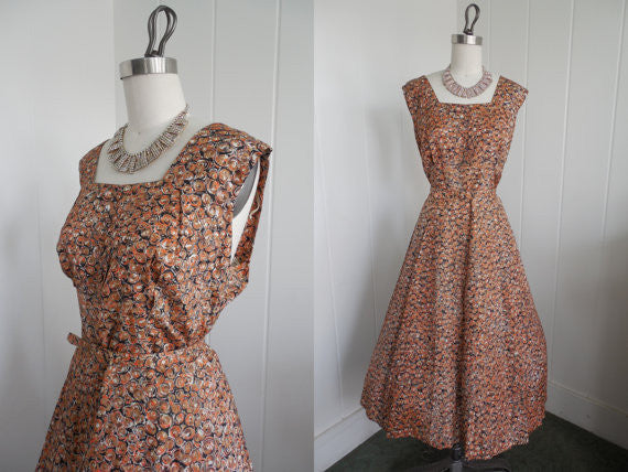 1950s Vintage Rust and Cream Shelf Bust Patterned Day Dress VLV XL