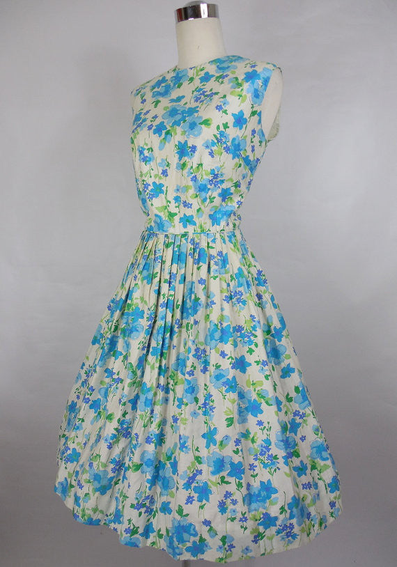 1950 1960's Vintage Ann Herbert Blue and White Floral Print Day Dress