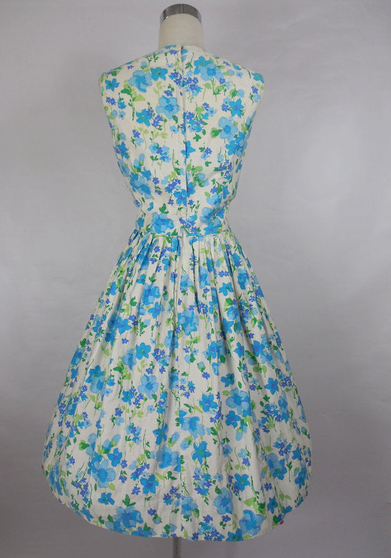 1950 1960's Vintage Ann Herbert Blue and White Floral Print Day Dress