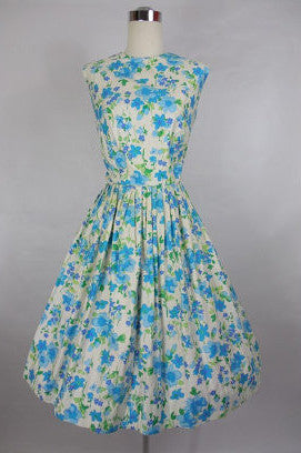 1950 1960's Vintage Ann Herbert Blue and White Floral Print Day Dress