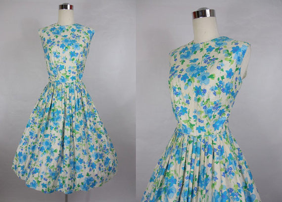 1950 1960's Vintage Ann Herbert Blue and White Floral Print Day Dress