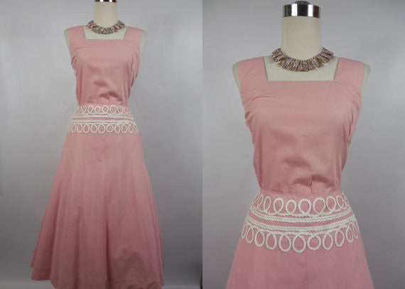 1950's Vintage Pink Cotton Day Dress with White Trim