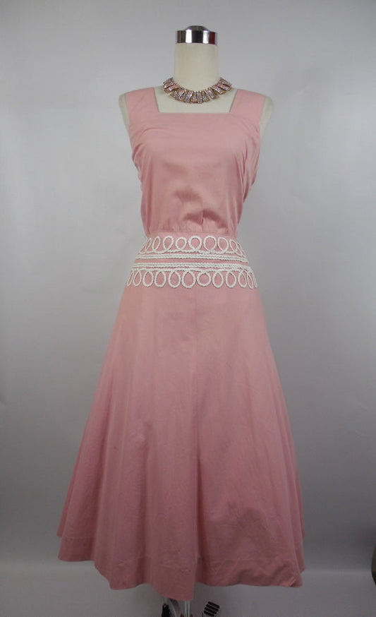 1950's Vintage Pink Cotton Day Dress with White Trim