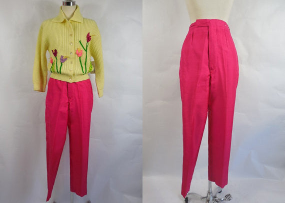 1960's/ 1950's Vintage Fuchsia Silk Capri Pants