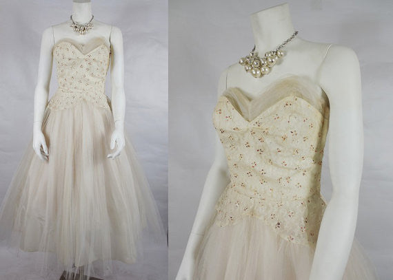 1950's Vintage White Tulle Prom Dress with Red Glitter