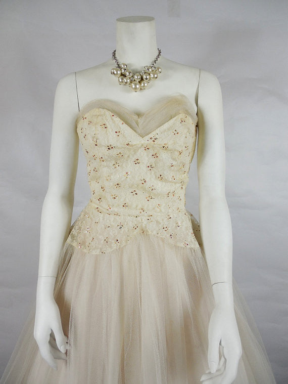 1950's Vintage White Tulle Prom Dress with Red Glitter