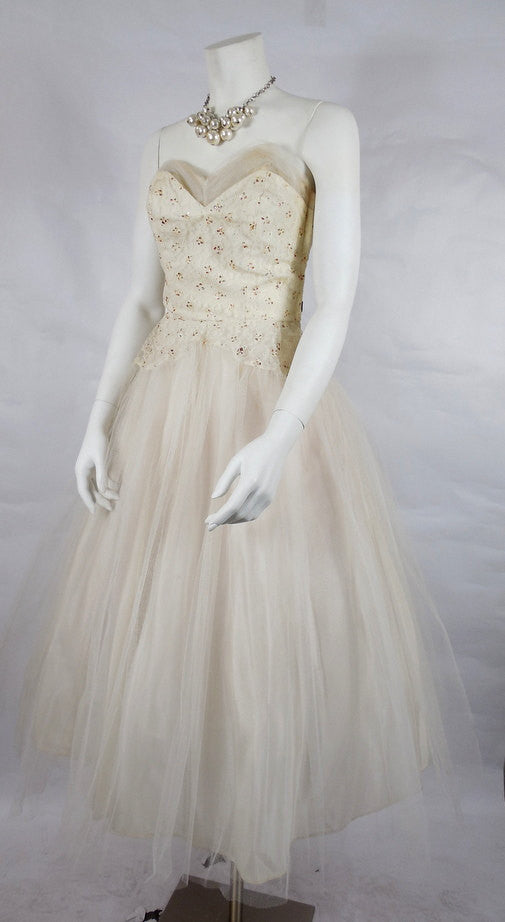 1950's Vintage White Tulle Prom Dress with Red Glitter