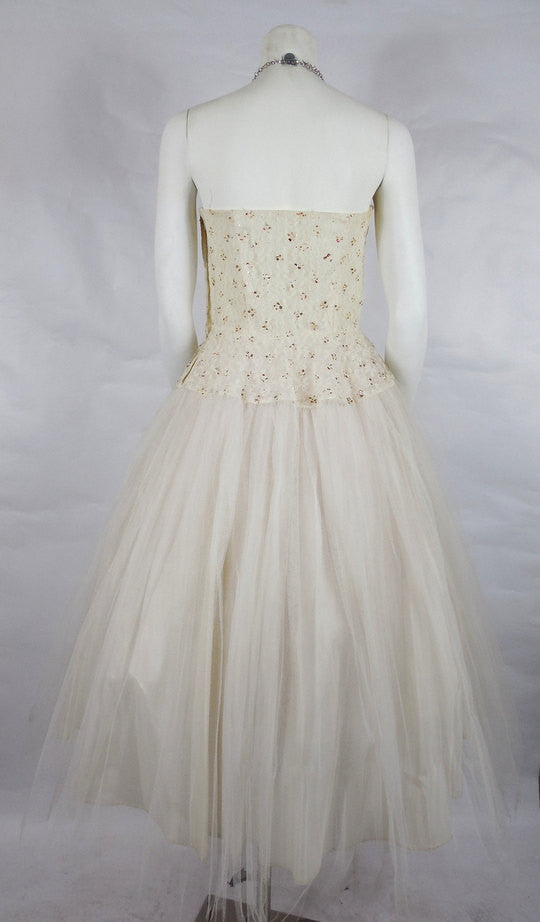 1950's Vintage White Tulle Prom Dress with Red Glitter