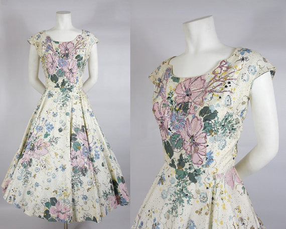 SOLD! 1950's Floral Cotton Kramer Original Dress