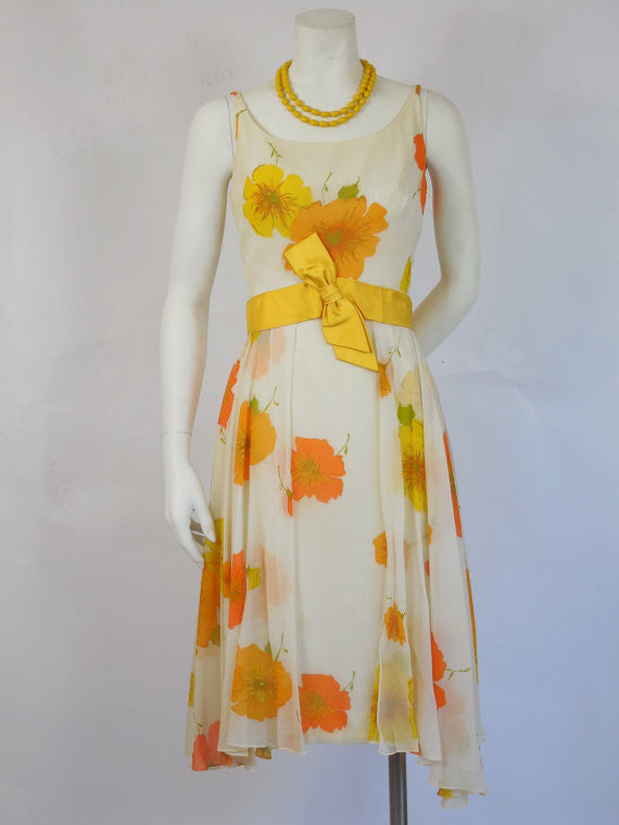 1950 Carol Craig Orange & Yellow Chiffon Wiggle Dress