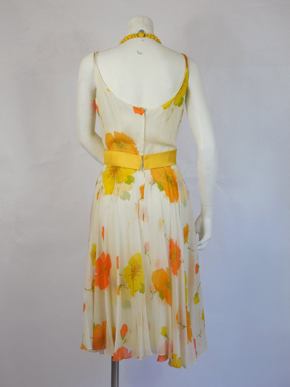 1950 Carol Craig Orange & Yellow Chiffon Wiggle Dress