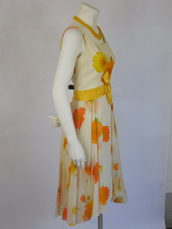 1950 Carol Craig Orange & Yellow Chiffon Wiggle Dress