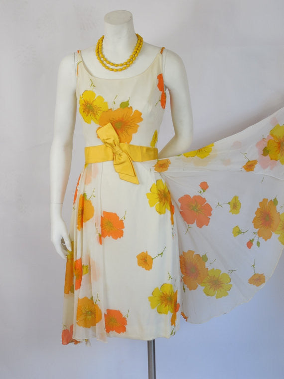 1950 Carol Craig Orange & Yellow Chiffon Wiggle Dress