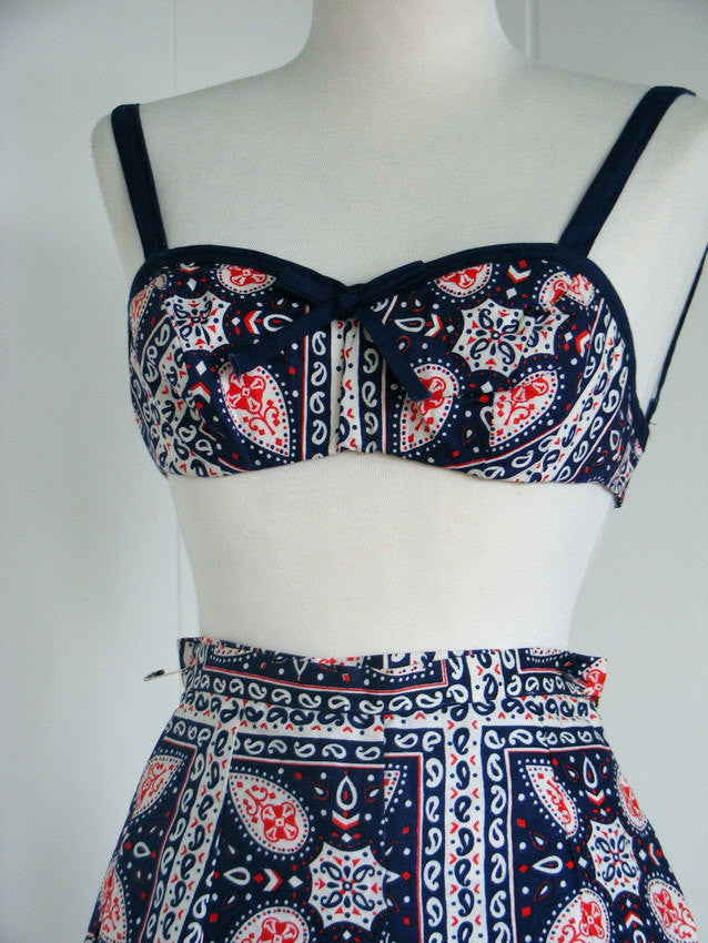 1950's Blue red and white Paisley print Bra and Short set.