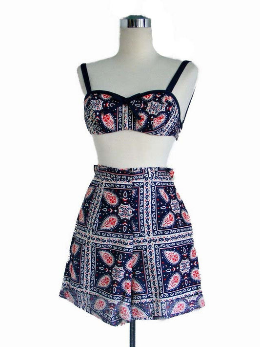 1950's Blue red and white Paisley print Bra and Short set.